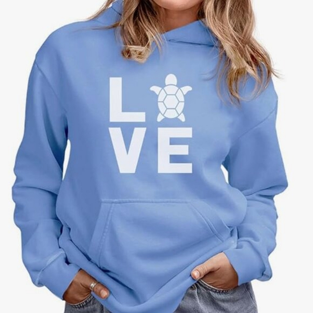 Sky Blue LOVE Turtle Sweatshirt Pullover Hoodie | Large